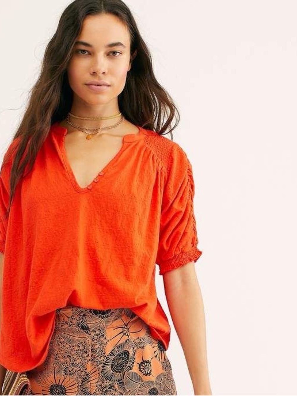 Free People Fever Dream Orange V-Neck Puff Ruched Sleeve Boho Top